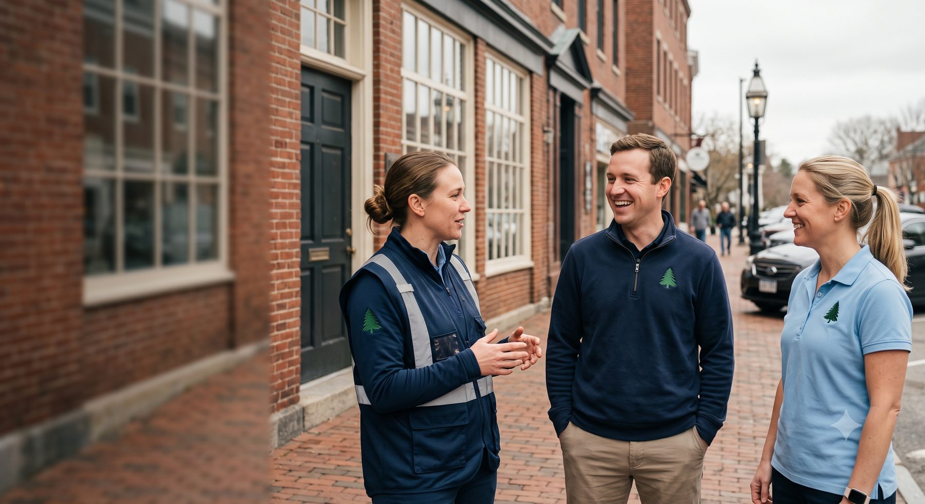 Corporate team wearing custom embroidered branded polos and workwear
