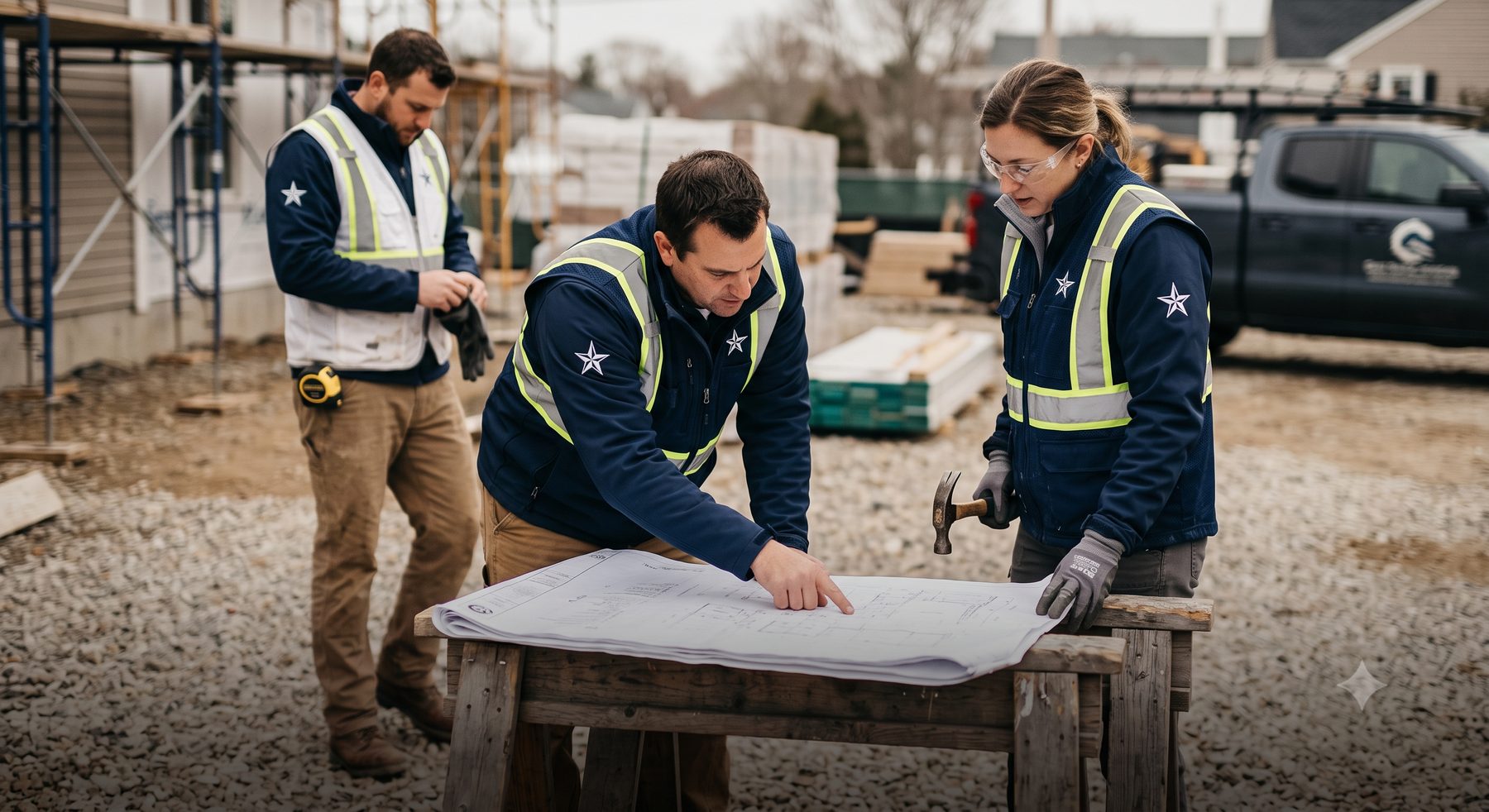 Construction crew in branded hi-vis workwear and embroidered jackets