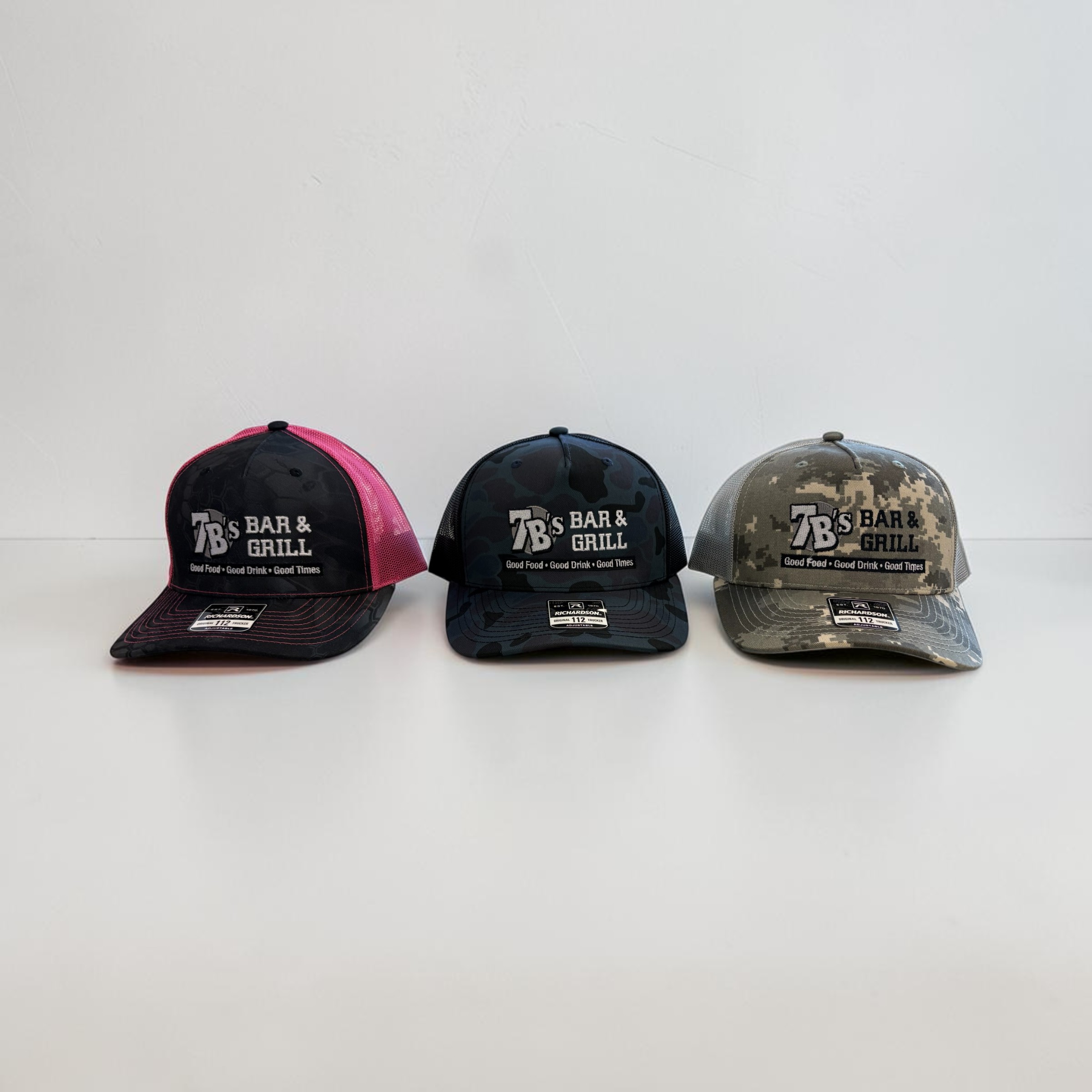 7B's Bar & Grill logo custom embroidered on Richardson 112 trucker hats in three colorways