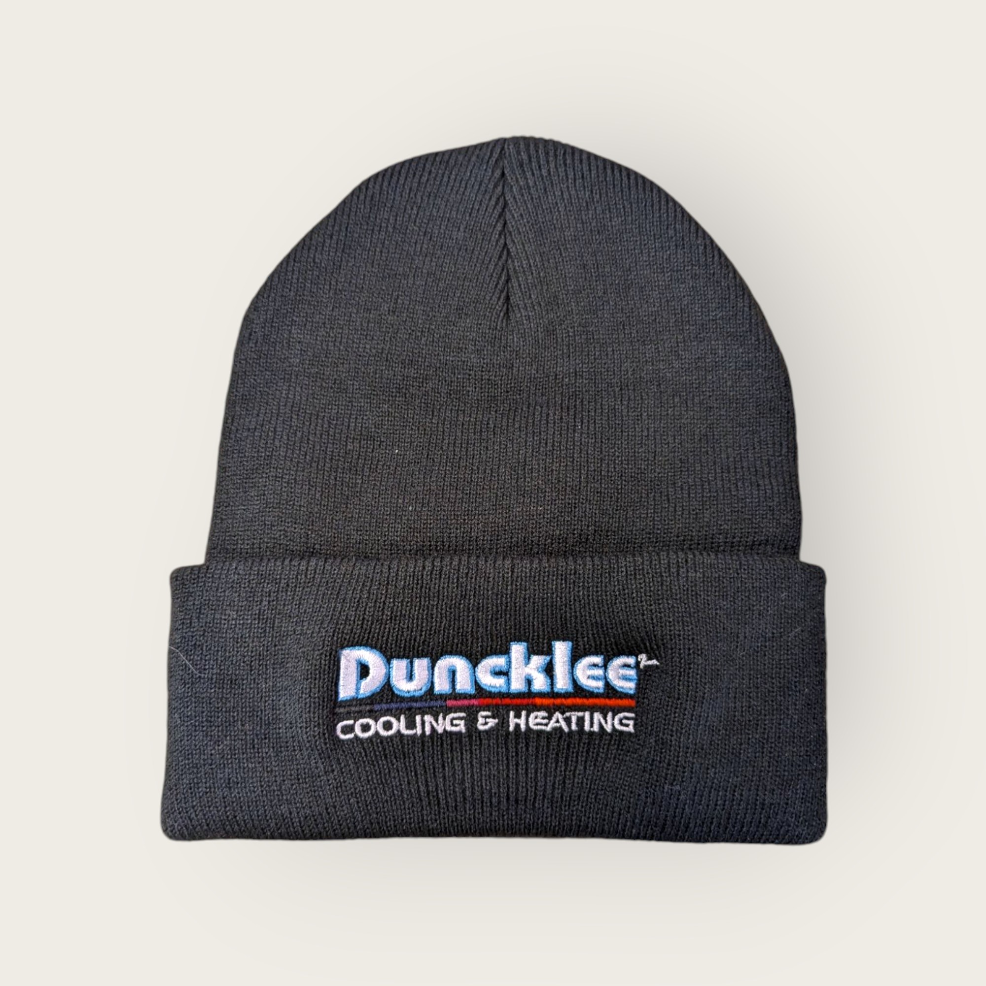 Duncklee Cooling & Heating logo embroidered on a knit beanie for a Rhode Island HVAC company