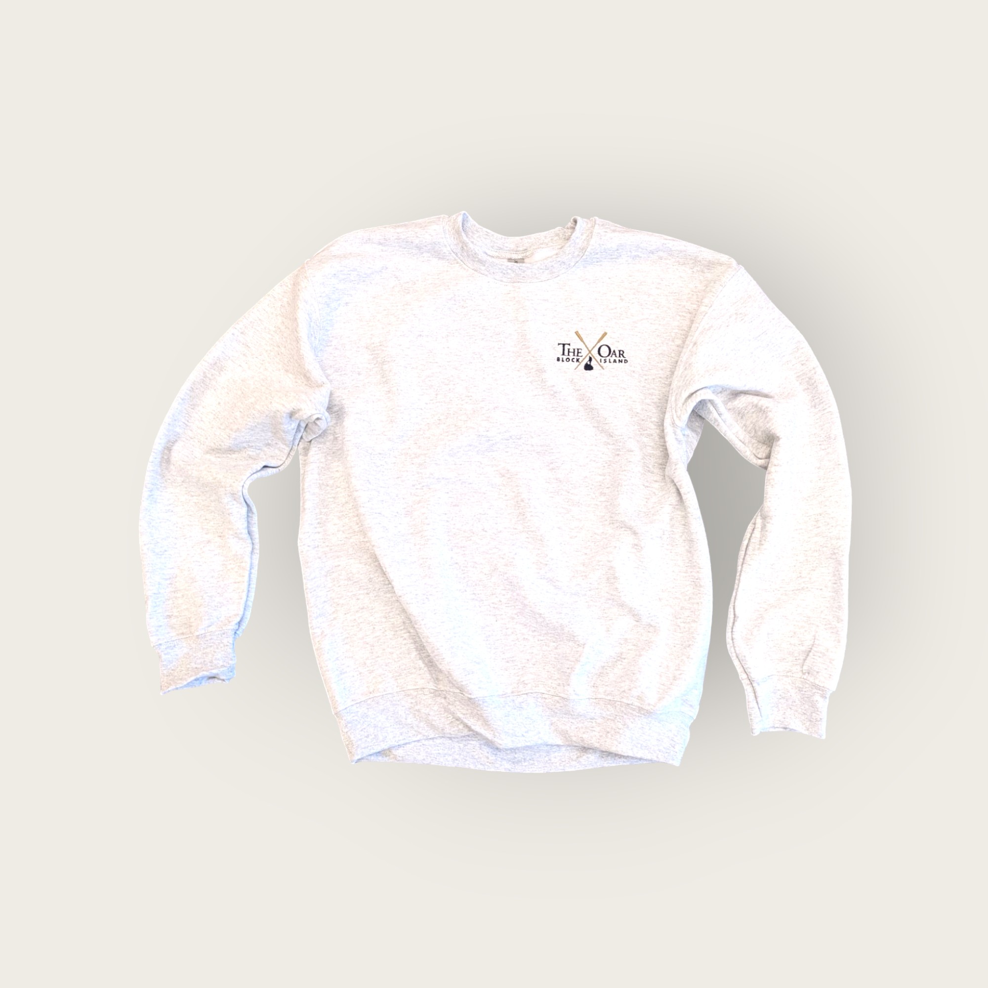 Crewneck sweatshirt custom embroidered with The Oar Block Island logo