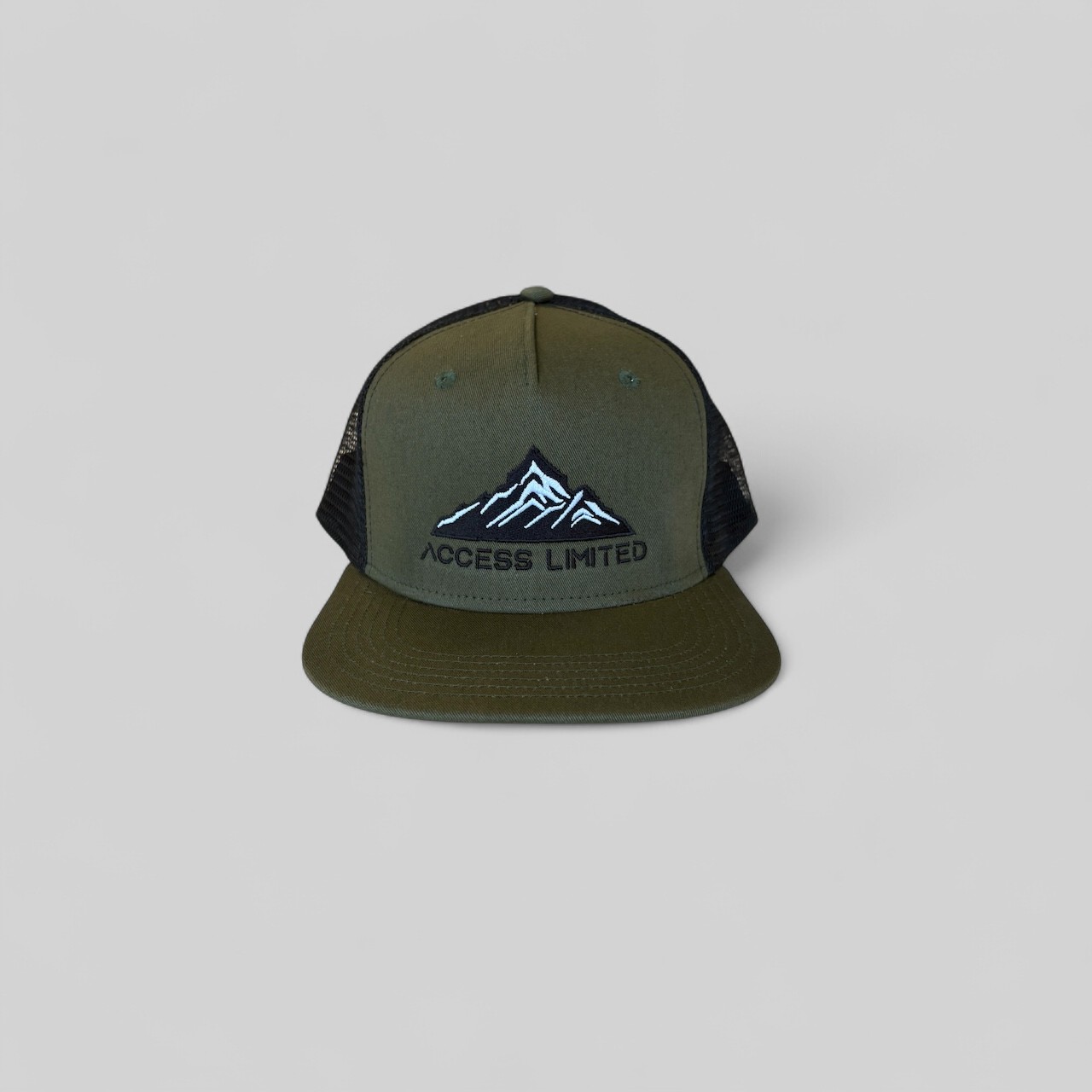 Trucker hat custom embroidered with the Access Limited mountain logo