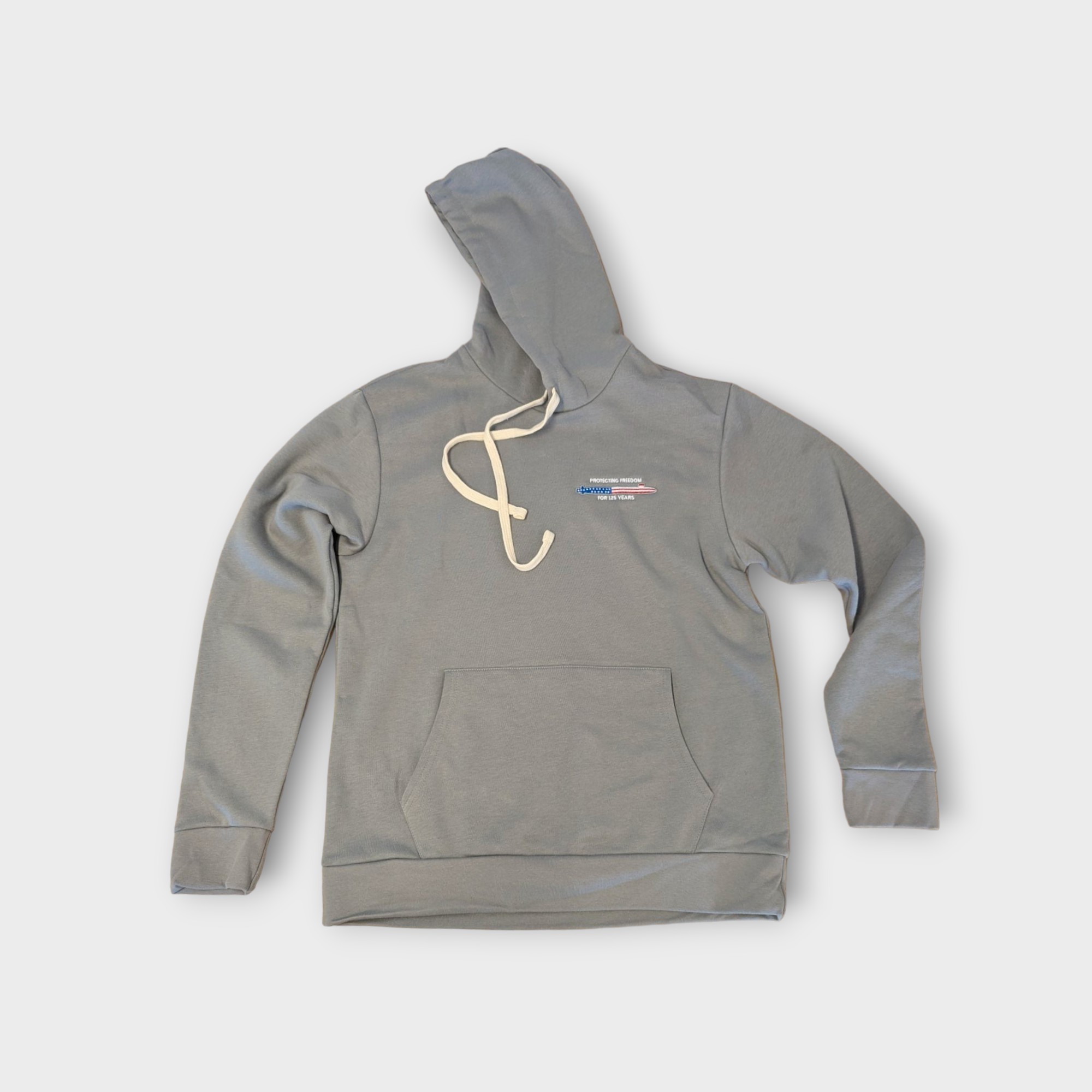 Electric Boat 125th-anniversary logo embroidered on a hooded sweatshirt for a Rhode Island manufacturer