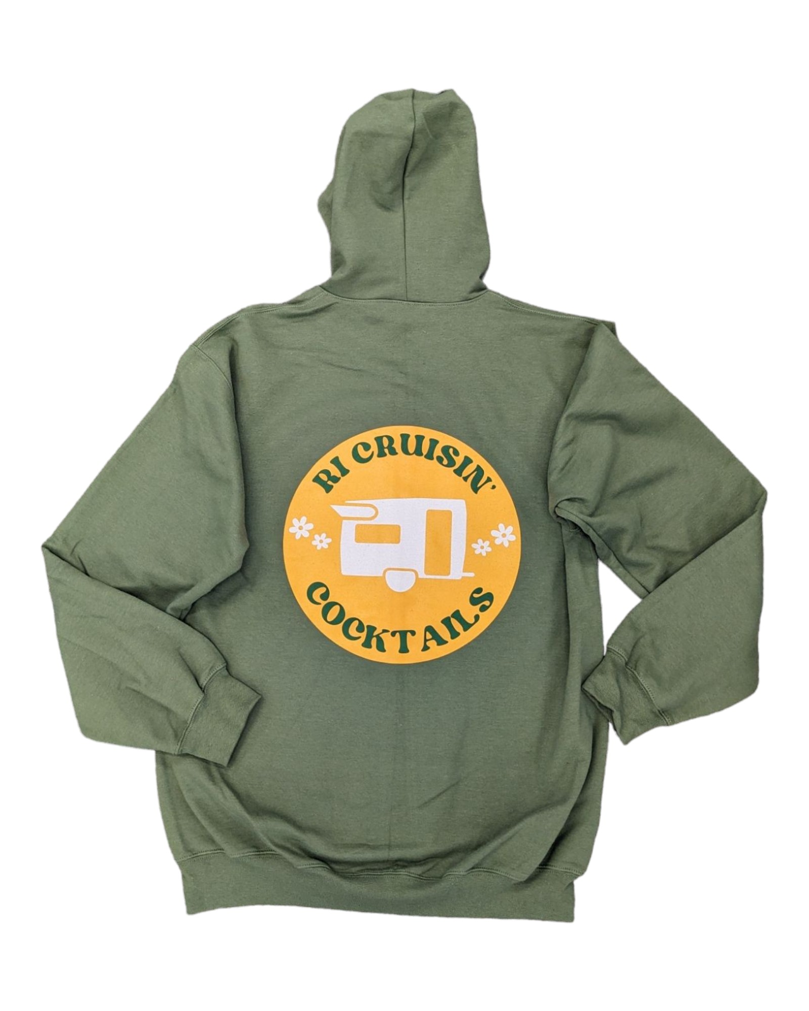Olive green pullover hoodie with a full-back screen-printed design, an example of a screen-printed hoodie