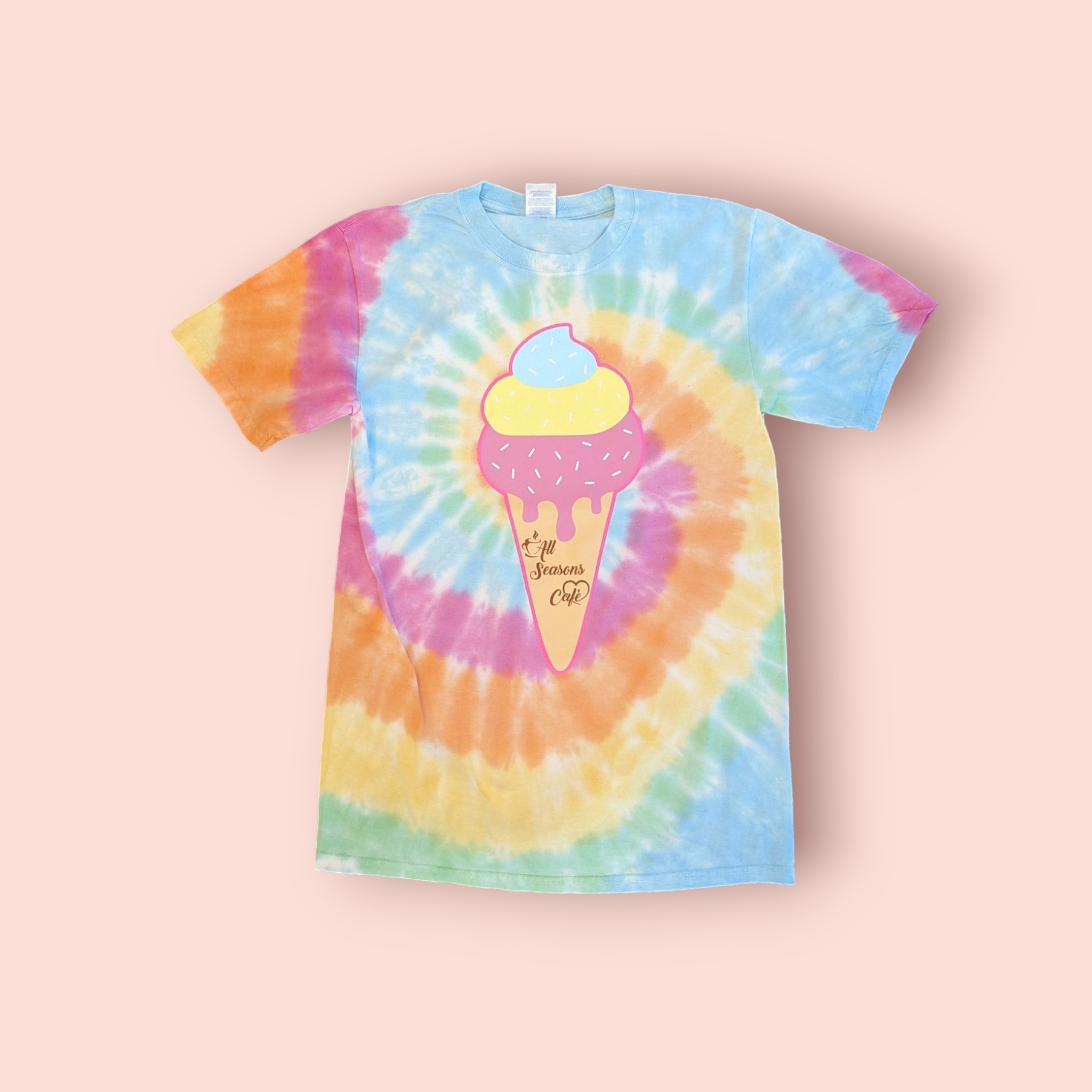 Tie-dye event T-shirt with a screen-printed ice cream cone graphic and café name for a Rhode Island restaurant