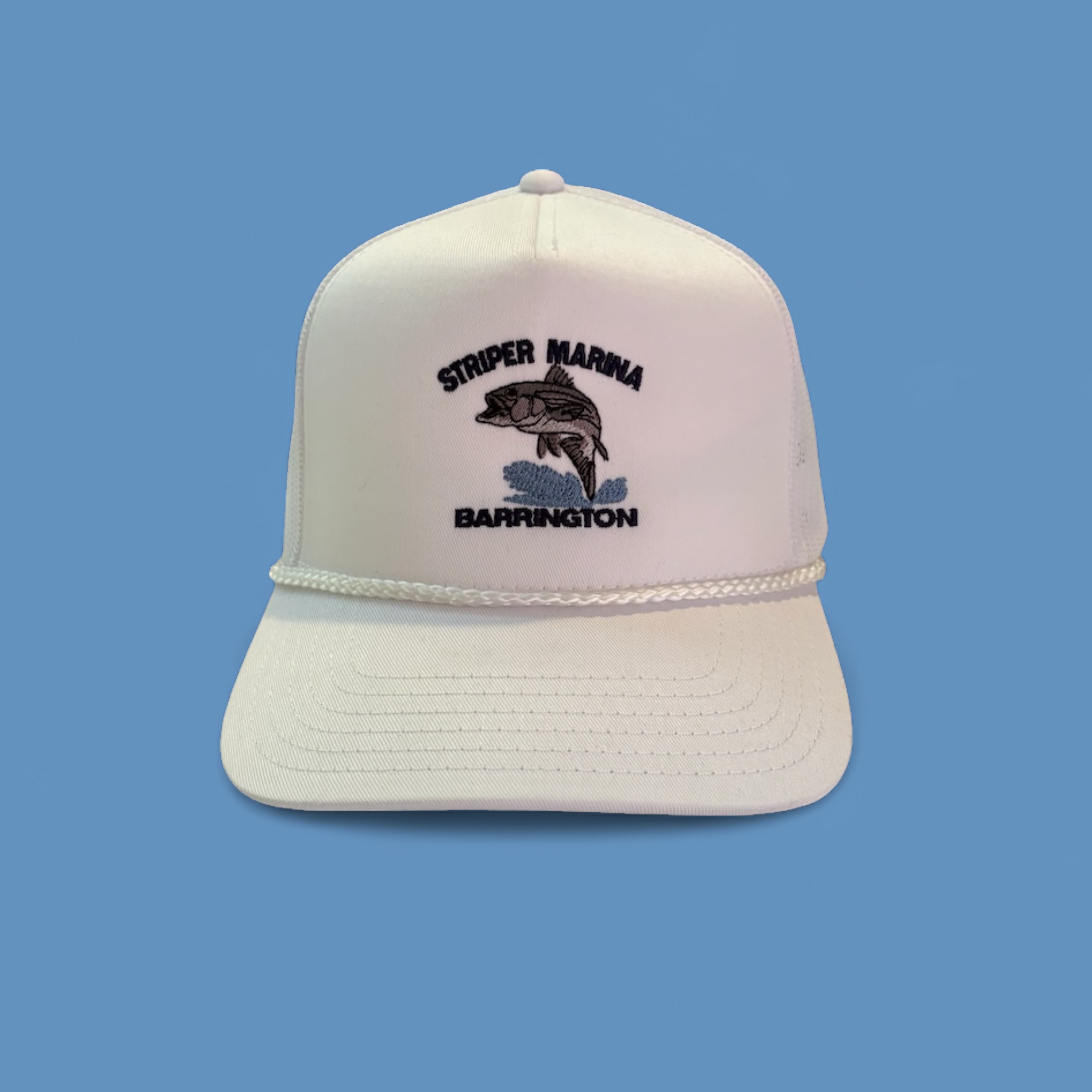 Embroidered Striper Marina cap decorated by East Coast Embroidery for a Barrington, RI marina