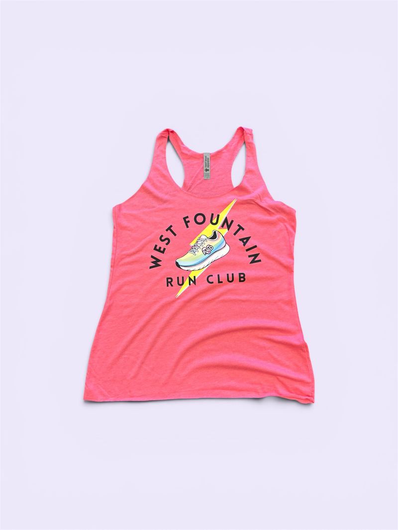 Neon coral racerback tank top with a black screen print reading 'West Fountain Run Club' around a yellow lightning bolt and running shoe graphic